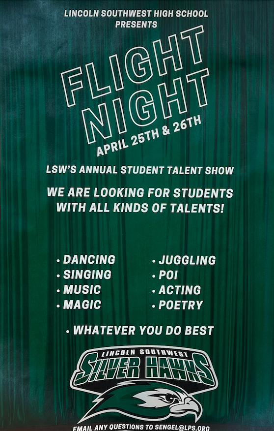 The annual school talent show, Flight Night, is Thursday, April 25. Students must sign up for auditions first on the roster in front of the main office.